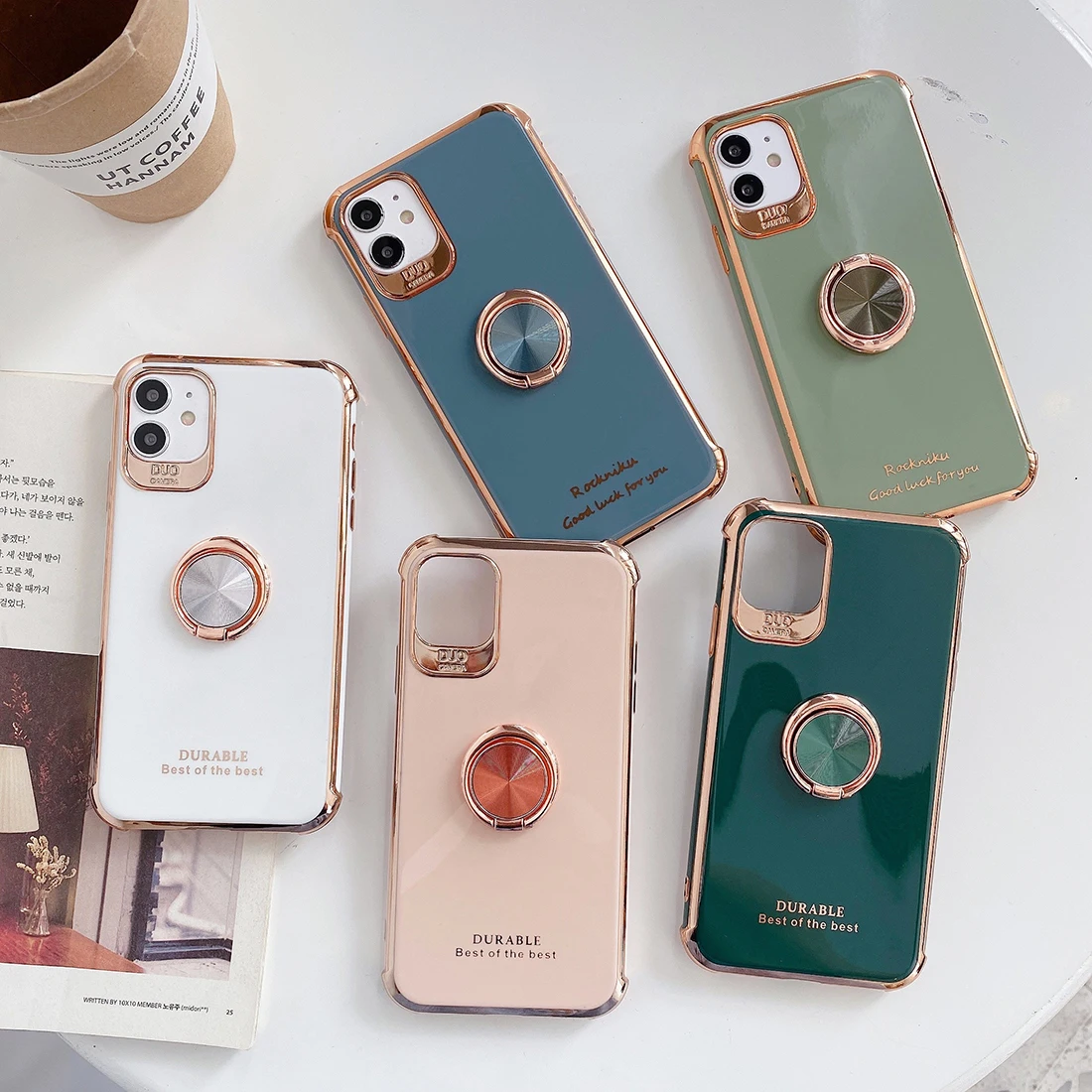 

Electroplating Stand Ring Solid Color Anti-Drop Phone Case, Suitable for iPhone 12 11 Pro SE Xs Max 8 7 Plus Silicone Back Cover