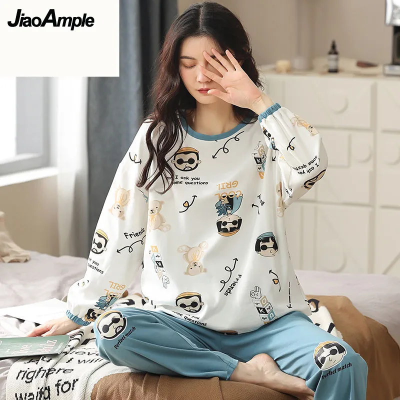 100% Cotton Pajamas Women Pijamas Set 2022 Spring Autumn New  Cute Cartoon Casual Simple Home Clothes Female Sleepwear Nightie
