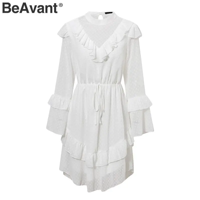 Женское богемное шифоновое платье BeAvant элегантное белое ажурное в горошек мягкое