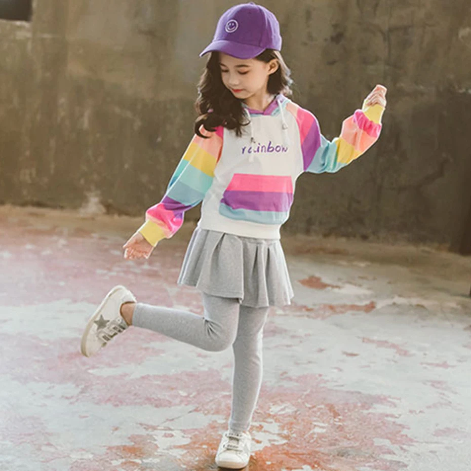Одежда для девочек плиссированная юбка брюки и толстовки костюм в радужную