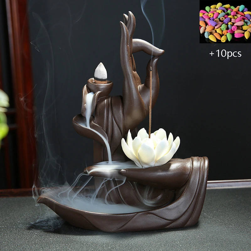 Gift Box With 10Pcs Cones Purple Clay Incense Burner Buddha Hand Backflow Incense Burner Lotus Incense Burner Free Shipping