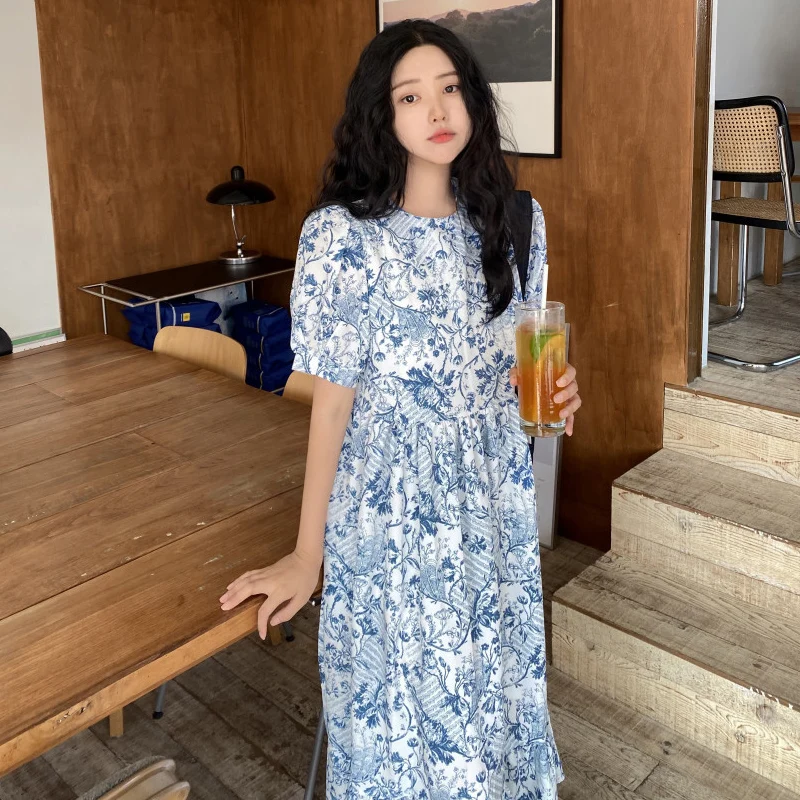

One-Piece Vintage Print Floral Dress For Woman Korean Temperament Puff Short Sleeve Robe Femme Dress Summer Elegant Ladies Dress