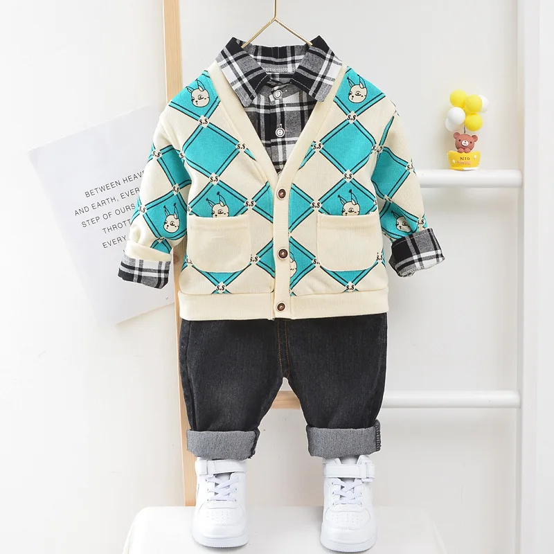 

2020 New Spring Autumn Children Fashion Clothes Baby Boys Girls Lattice Jacket Shirt Jeans Pants 3Pcs/sets Kids Infant Tracksuit