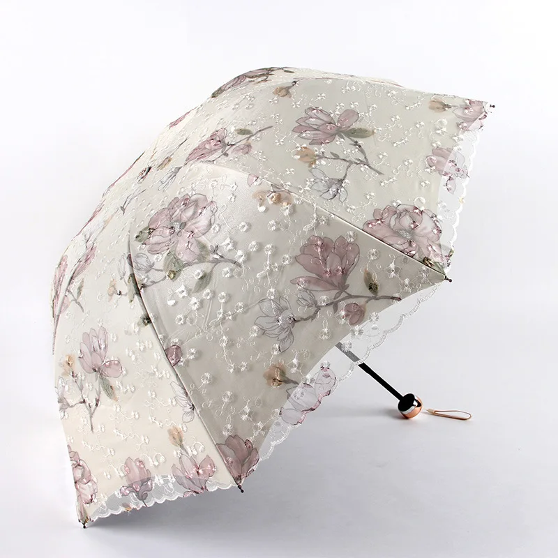 

Aurora Embroidered Double Layer restonic san Three-fold Umbrella A1907 Vinyl UV Sunscreen Parasol All-Weather Umbrella