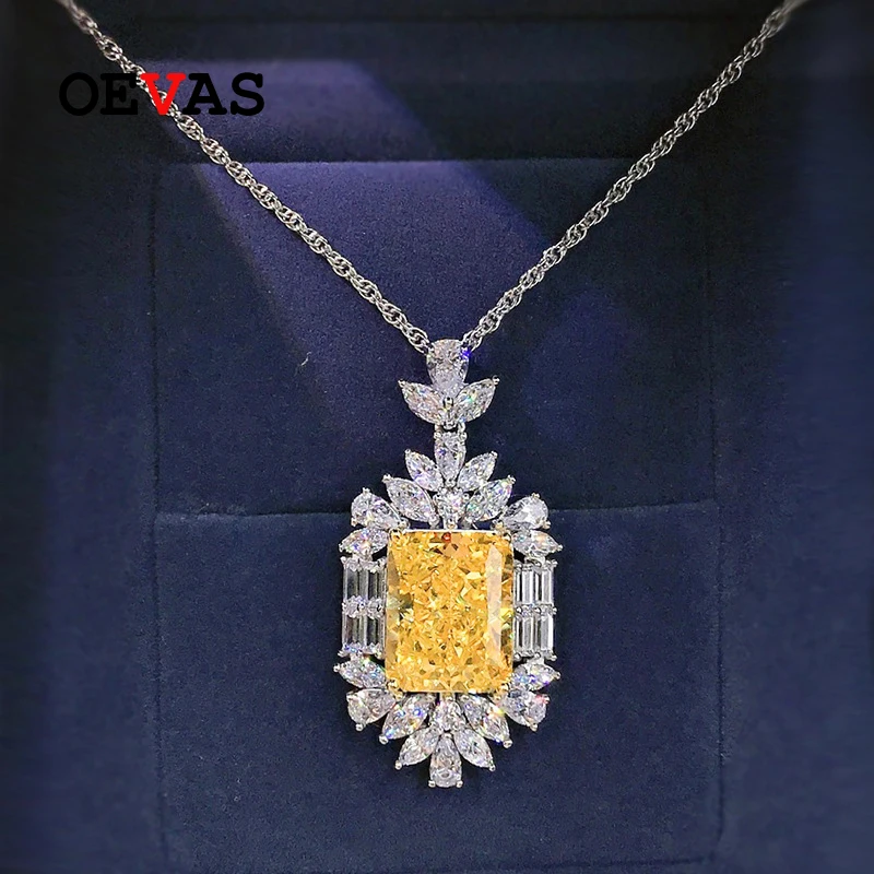 

OEVAS 100% 925 Sterling Silver 12*15mm Yellow High Carbon Diamond Radiant Cut Pendant Necklace For Women Sparkling Fine Jewelry