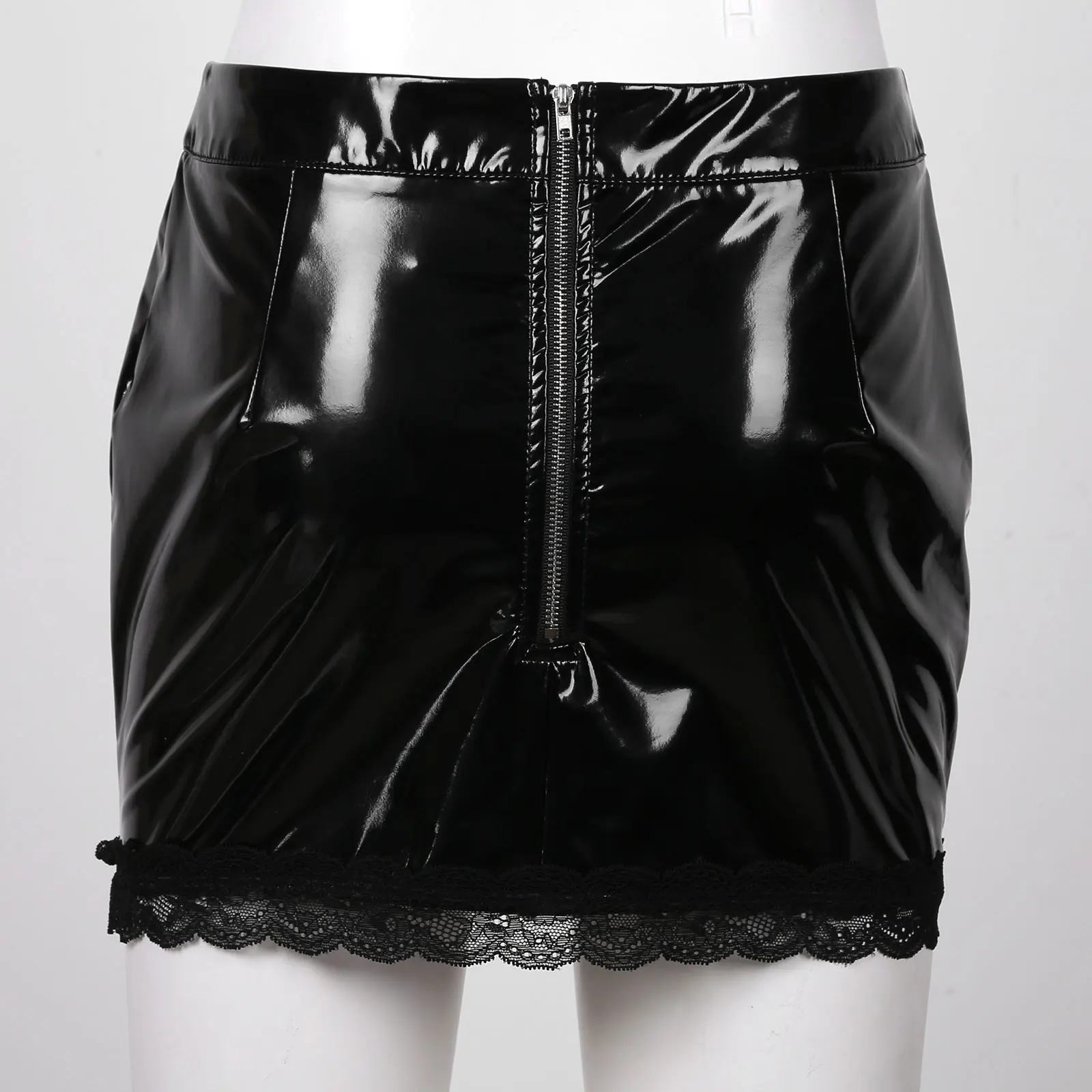 

Men Fashion Sexy Pencil Skirts Cute Lace Trim Faux Leather Mini Skirt Streetwear Clubwear Gothic Party Stage Pole Dance Costume