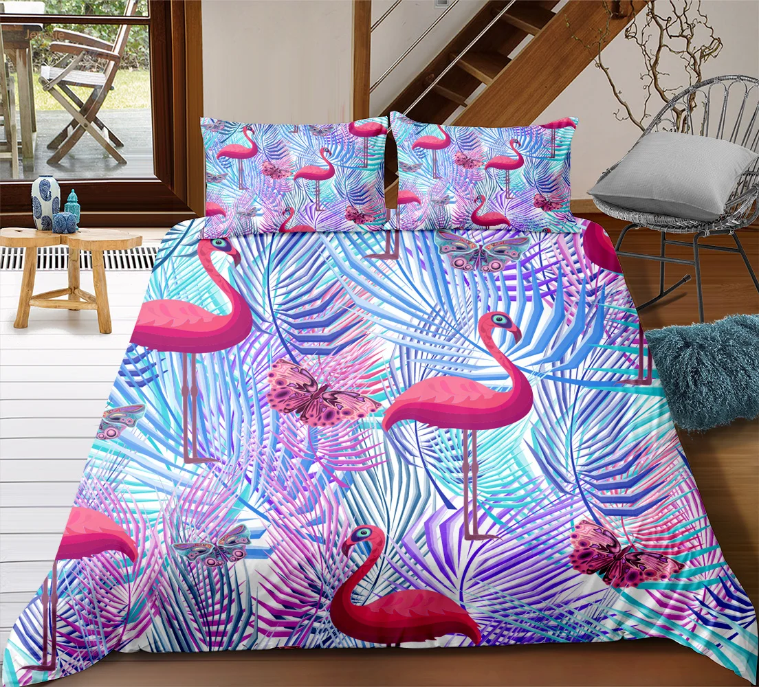 Розовый комплект постельного белья с изображением листьев джунглей наволочка