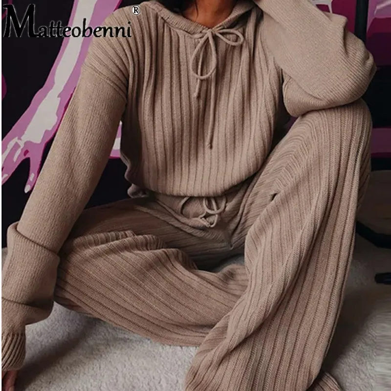 

2020 Sweater Two Piece Set Women Tracksuit Autumn Winter Clothes Solid Hooded Knit Pullover Top And Pants Elegant Leisure Suit