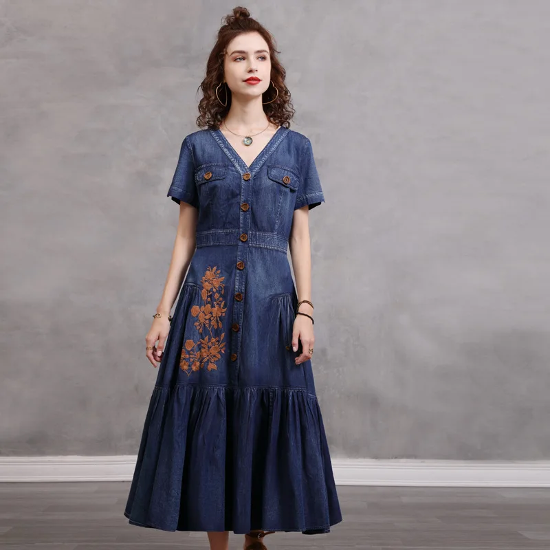

Floral Embroidery Denim Midi Dress Summer Women Sexy V-Neck Short Sleeve Pleated Dress Lady Vintage Single Breasted Jean Dresses