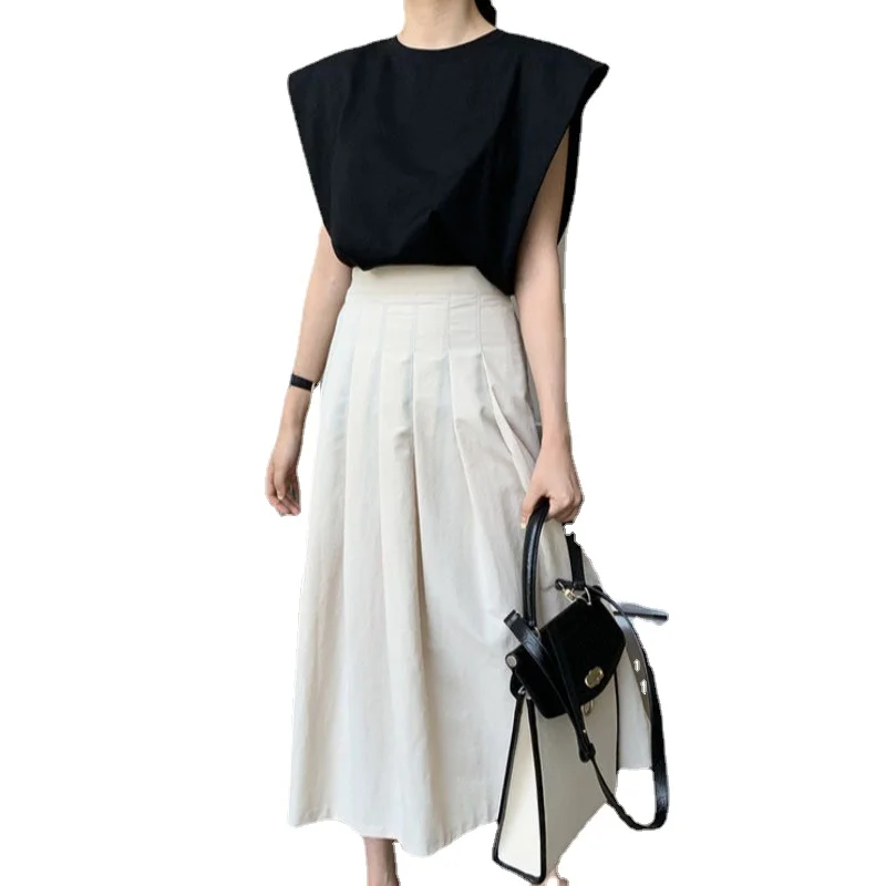 

Korean Chic Summer Lady Two Piece Dress Sets Vintage Flying Sleeve Loose Top&High Waist A Line Skirt Elegant 2pc Matching Suit