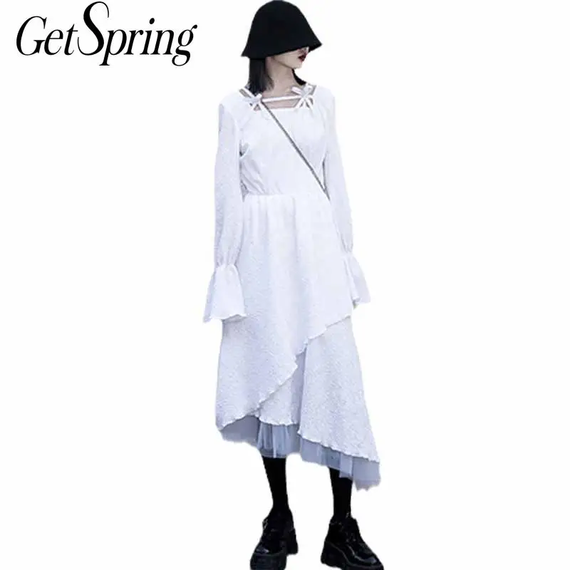 

GetSpring женское платье, шифоновые белые платья с вышивкой, длинное платье с квадратным воротником и Расклешенным рукавом, свободные летние пл...