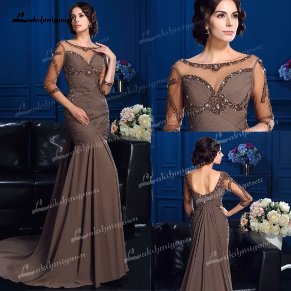 

Платье Русалка/юбка-годе для матери невесты с круглым вырезом длиной до пола с бусинами длинное шифоновое платье с рукавом 3/4 платье для мат...