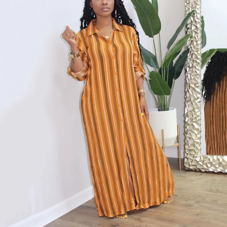 

Long Dress With Long Sleeve Women Orange Red Striped Cuasal Loose Single Breasted Floor Length 2020 New Fashion Vestidos Dress