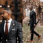 Новейшие деловые костюмы в клетку, мужские костюмы из 2-х предметов черного и серого цвета на заказ, облегающий деловой костюм с отложным воротником и английским воротником для вечеринки