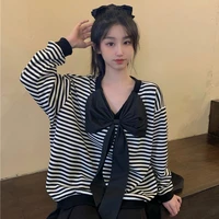 loose womens sweatshirt spring autumn bow v neck pullovers oversize hoodies striped korean fashion casual ladies tops new