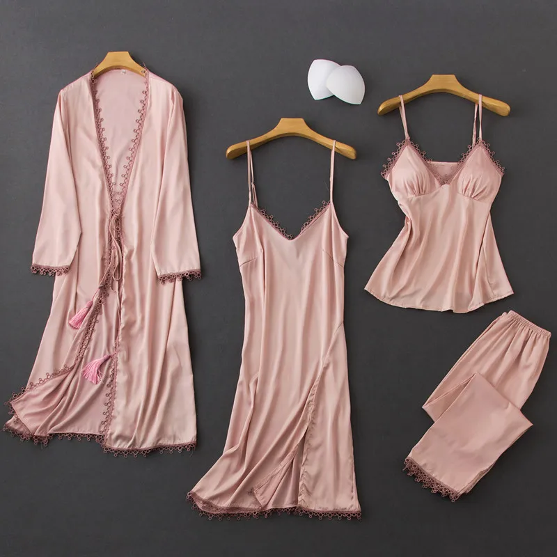 Женский пижамный комплект из 4 предметов пижама с v-образным вырезом и длинным