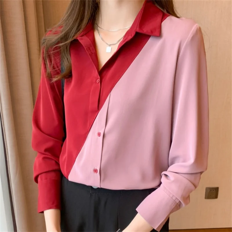 

Lapel Chiffon Shirt Spring Autumn Womens Clothing 2022 New Vintage Stitching Shirts Loose Large Size Long Sleeve Blouse Top D990