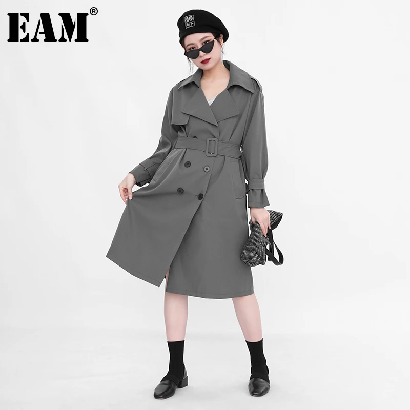 

[EAM] Women Gray Brief Bandage Big Size Trench New Lapel Long Sleeve Loose Fit Windbreaker Fashion Spring Autumn 2021 1DA75713