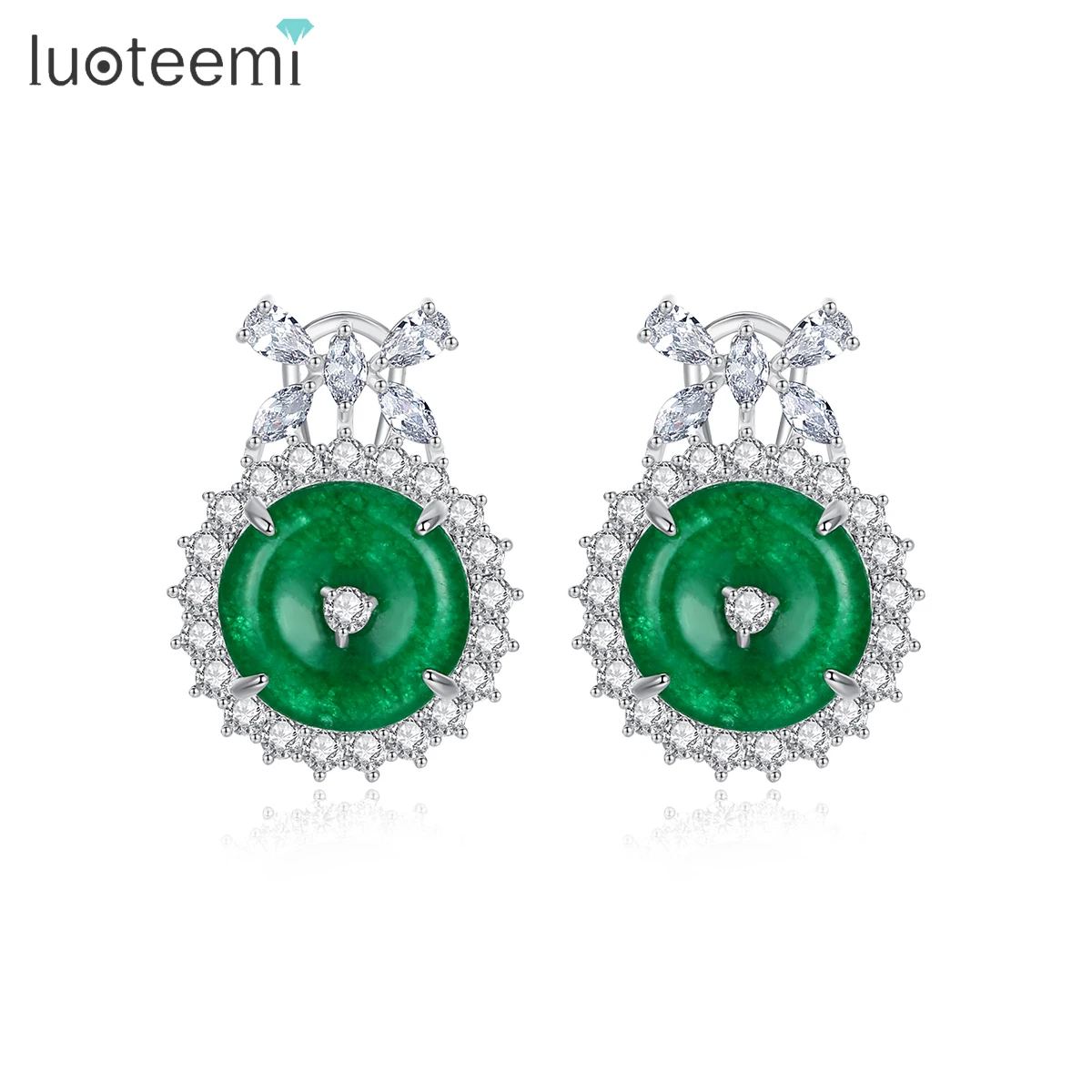 

LUOTEEMI Big Round Green Color CZ Stud Earrings for Women Wedding Engagement Fashion Jewelry Knot Flower Brincos Bijoux Femme