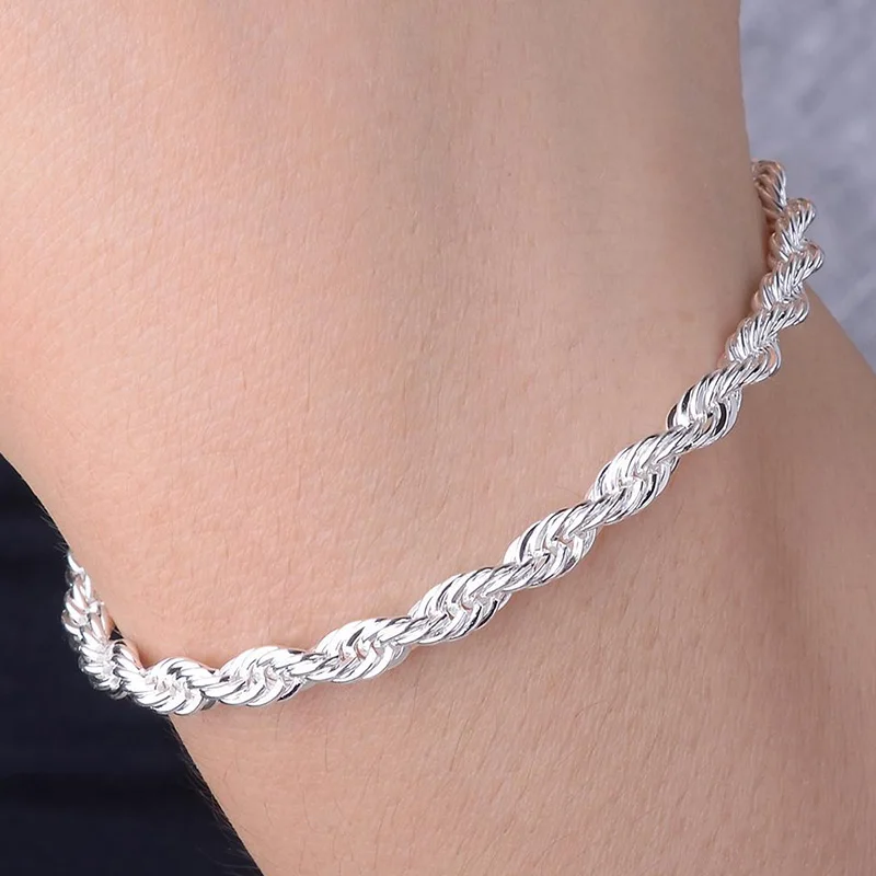

High Quality Silver Plated Bracelets 20cm Women Men Fashion Chain Charm Flash Twisted Bracelet Lady Wedding Bangle Jewelry Gifts