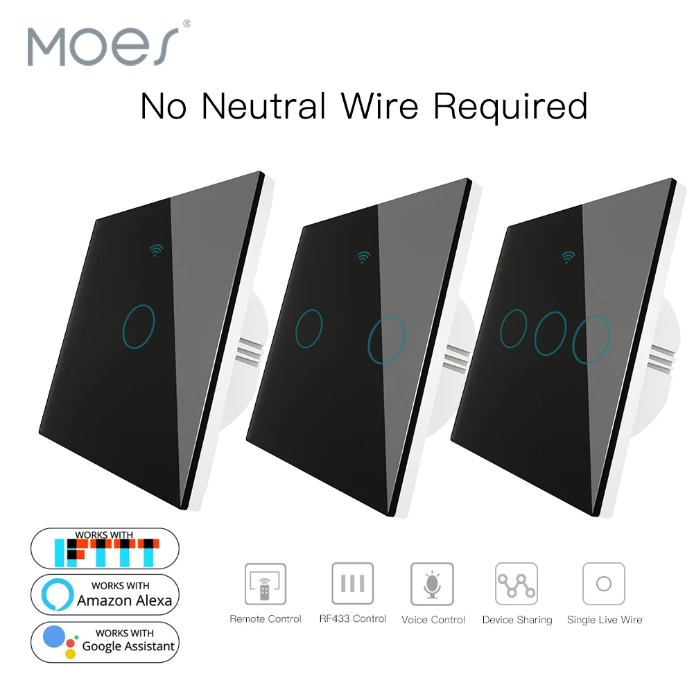 

Black WiFi Smart Wall Switch No Neutral Wire Needed Wireless Smart Life Tuya Remote Control Single Fire Work With Alexa RF433