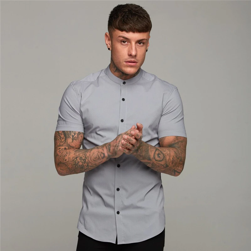 

New Arrivals Summer Man Short Sleeve Shirt Solid Fitness Mens Stand Collar Super Slim Fit Business Dress Shirt Button Gym Tops