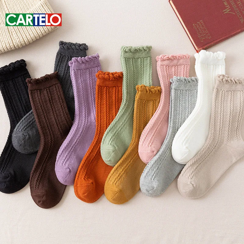 

CARTELO Spring Women Solid Color Socks Ladies Cute Middle Tube Socks Colorful Cusal Girls Breathable Cotton Adult Casual Sox