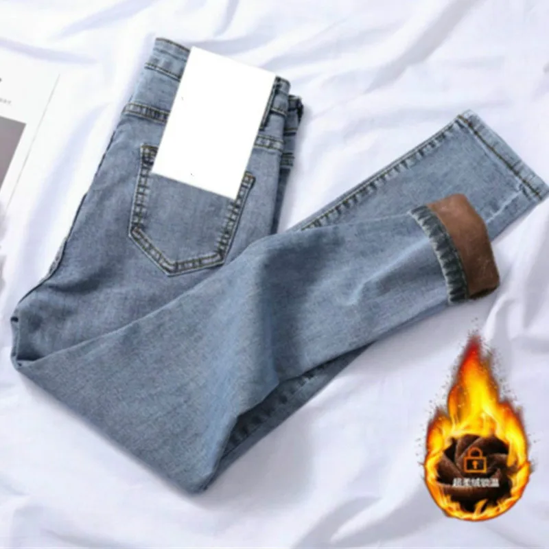 light blue GareMay, женские зимние черные джинсы с высокой талией, повседневные узкие брюки, бархатные брюки, женские теплые джинсы, женские узкие брюки - Цвет: light blue