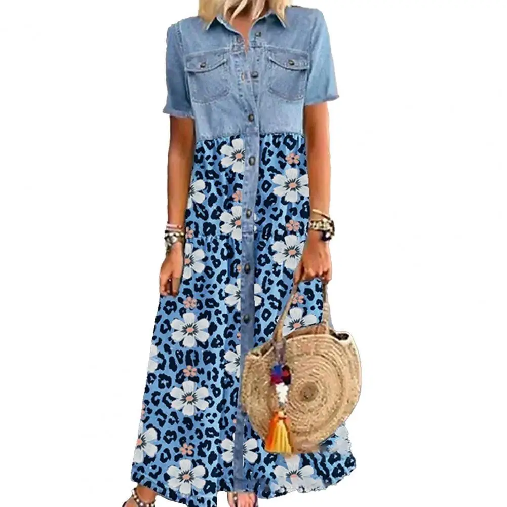 

Women Dress Single-breasted Leopard Print Summer Lapel Pockets Short Sleeve Dress Party Single-breasted Leopard Print Dress