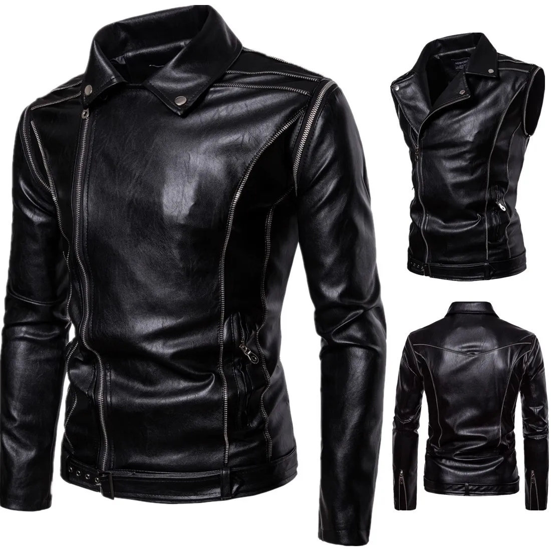 

Spring and Autumn Removable Sleeve Two-Wear Men's Motorcycle Leather Jacket Motocross Slim Clothing Coats Riding Windproof Top