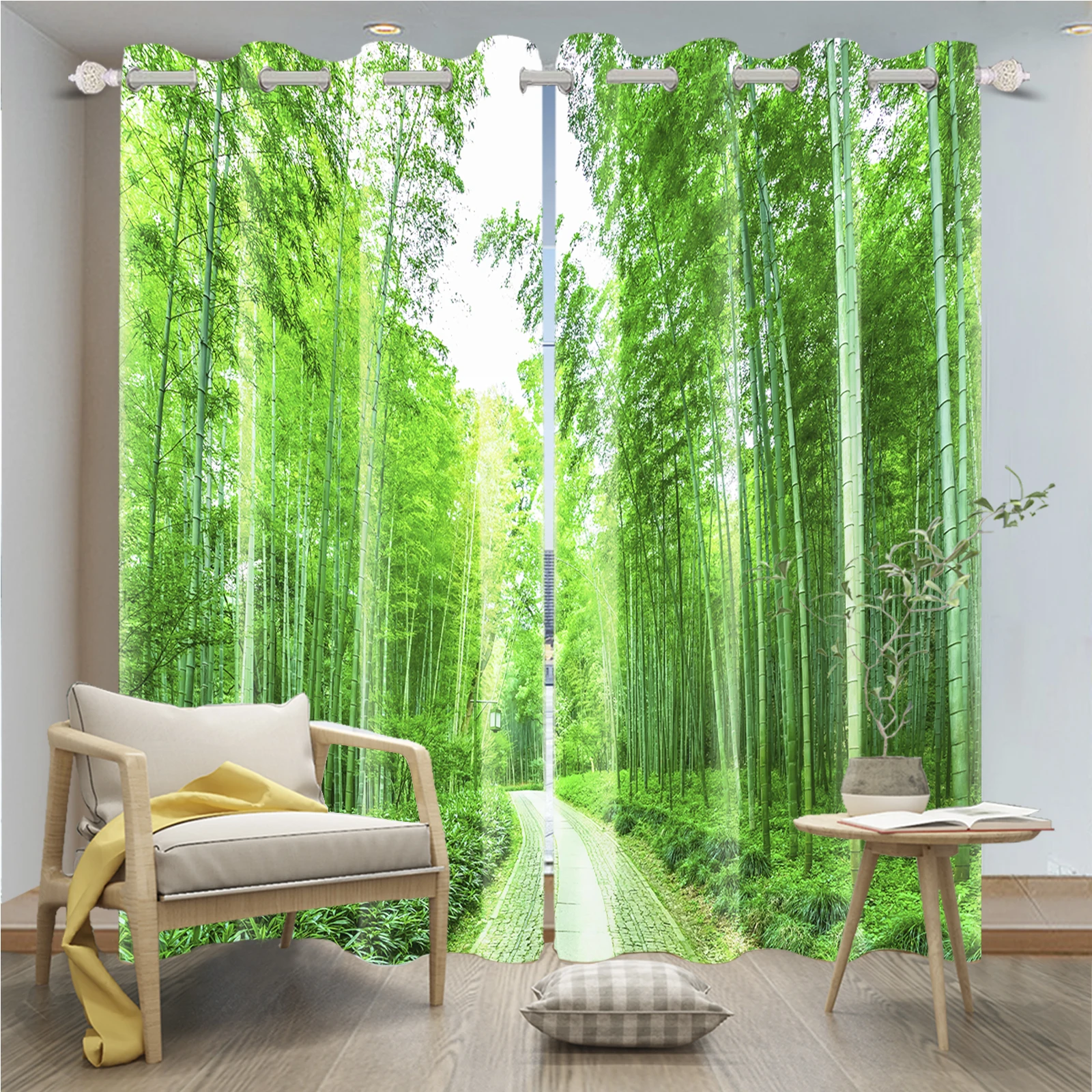 

Green Bamboo Forest Path Curtains Spring Natural Forest Waterfall Treatment Drapes Perforated Blackout Cortinas