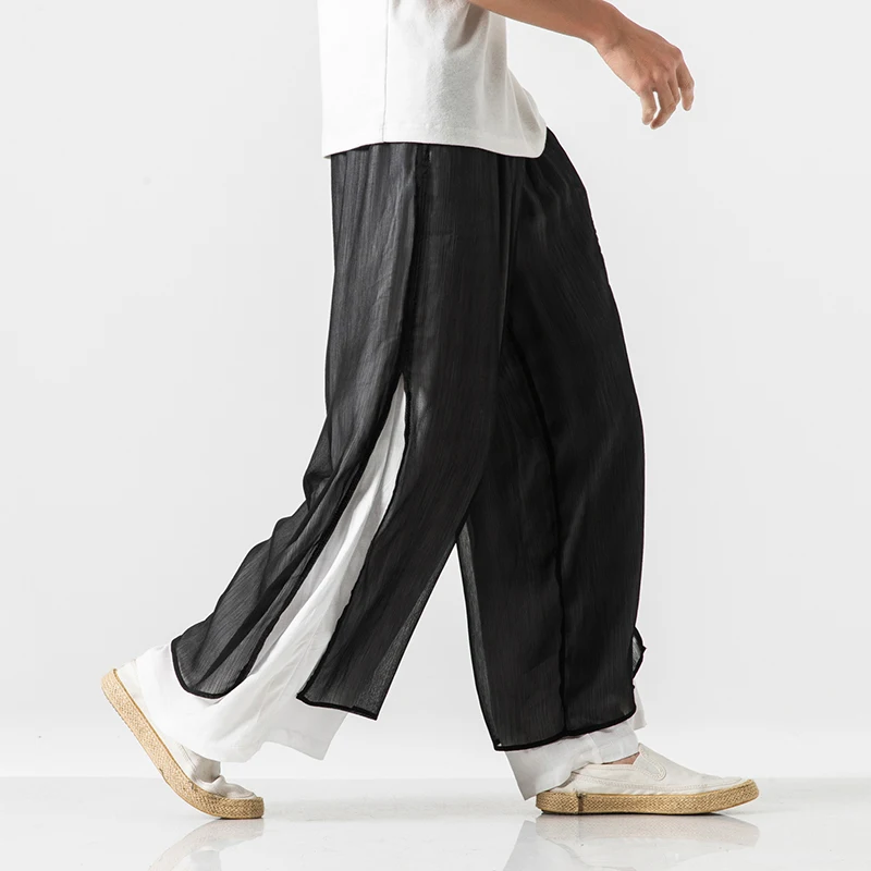 Брюки мужские двухслойные из хлопка и льна повседневные Широкие штаны в