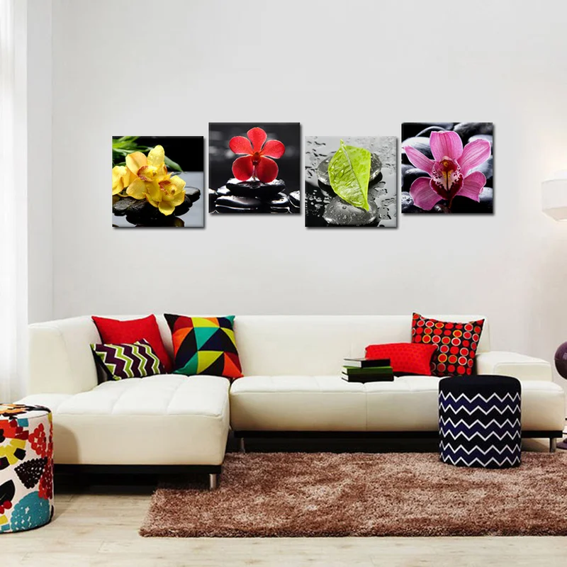 

Flowers Canvas Painting Orchid Flower on Black Stones Wall Art Poster 4 Pieces Zen Stones Print Framed Wall Decor Pictures