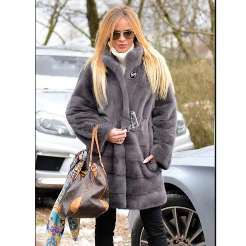 BFFUR Long Mink Fur Coats Real Women Winter Trendy New Stand Collar Grey Color Natural Mink Fur Coat Fashion Overcoats Luxury