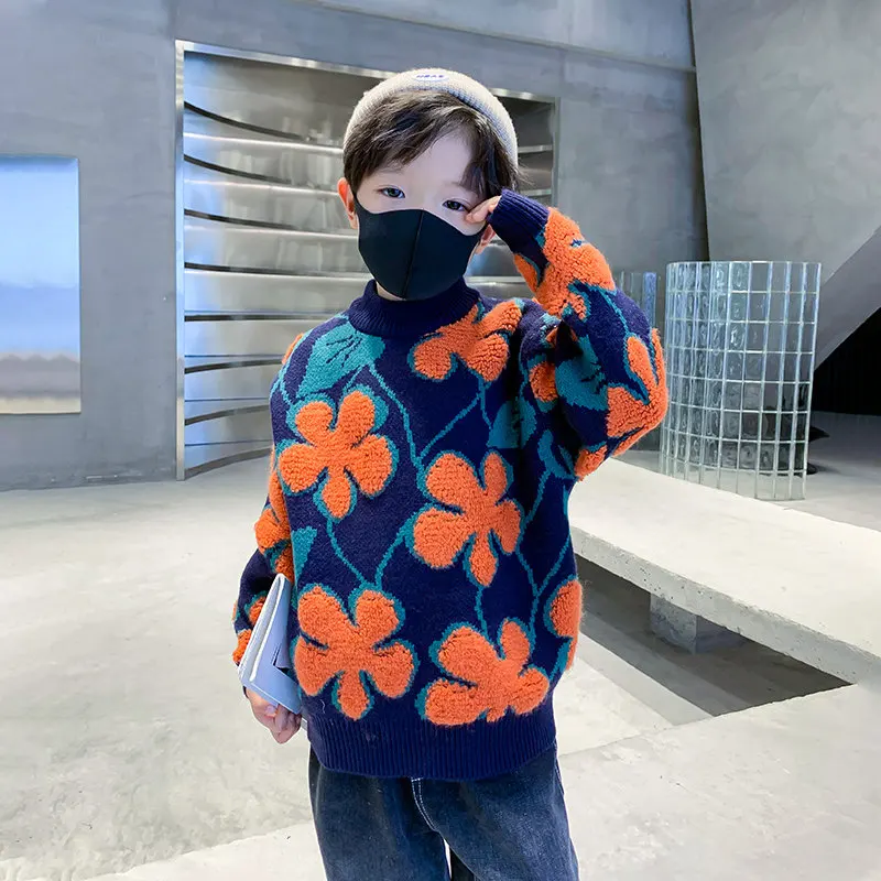 

5-14T Kids Tops Clothes Autumn Boys Pullover Sweater Fashion Floral Pattern Long Sleeve Children's Knitted Sweater Korean Outfit