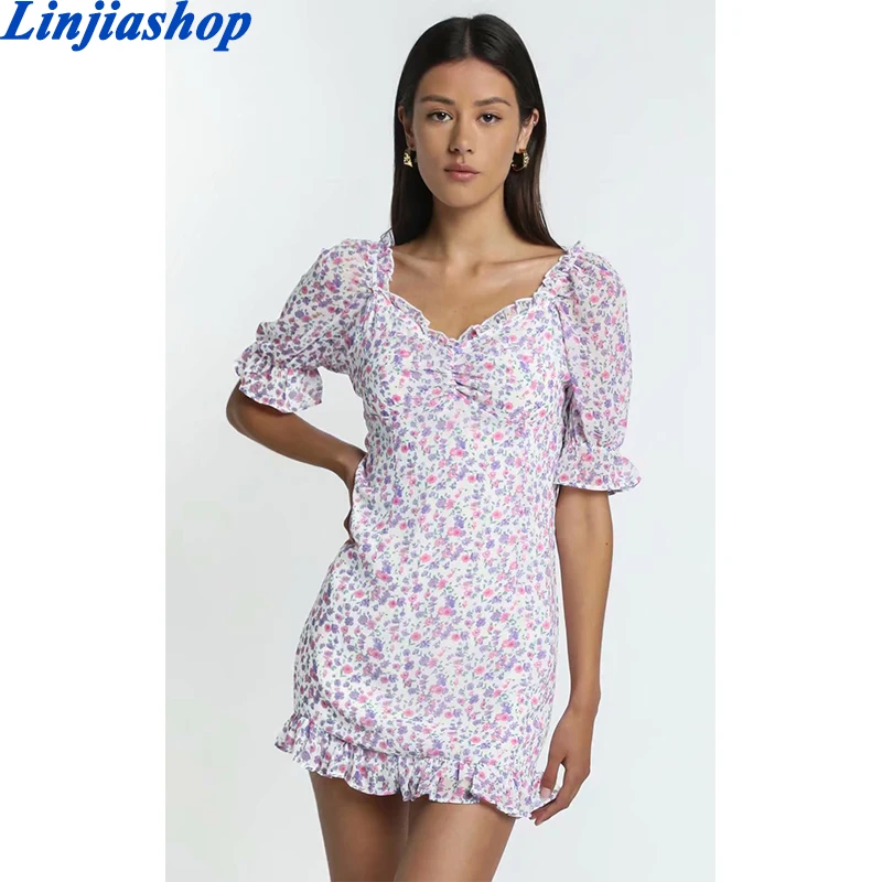 

Мини-платье женское с цветочным принтом, облегающее пляжное короткое с коротким рукавом, с оборками и подкладкой, на весну-лето