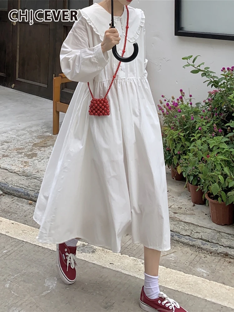 

CHICEVER Casual Solid Temperament Dress Female Peter Pan Collar Long Sleeve Fashion Minimalist Dresses For Women Autumn 2021 New