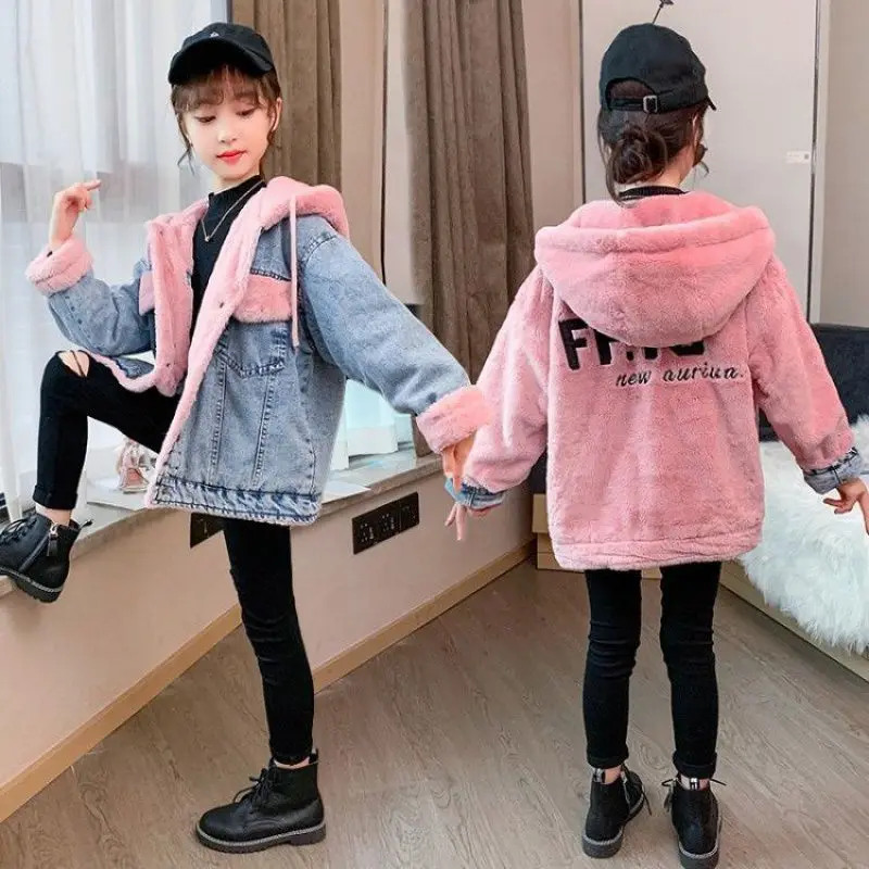 

Casual Thick Warm Winter Coat for Gilrs Winter Spring Double-sided Fashion Lamb Wool Jean Denim Jackets Basic Kids Coats110-160