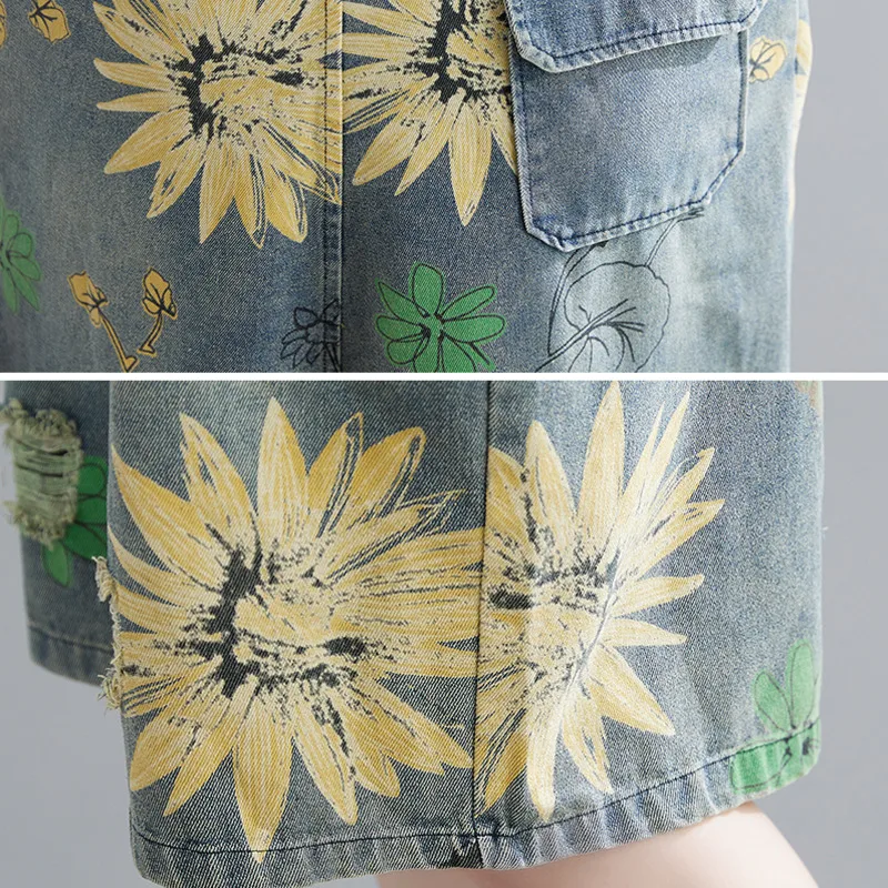 

#1570 Denim Wide Leg Jumpsuits Women Vintage Summer2021 Printed Denim Playsuits Oversized Sleeveless Rompers Womens Side Pockets