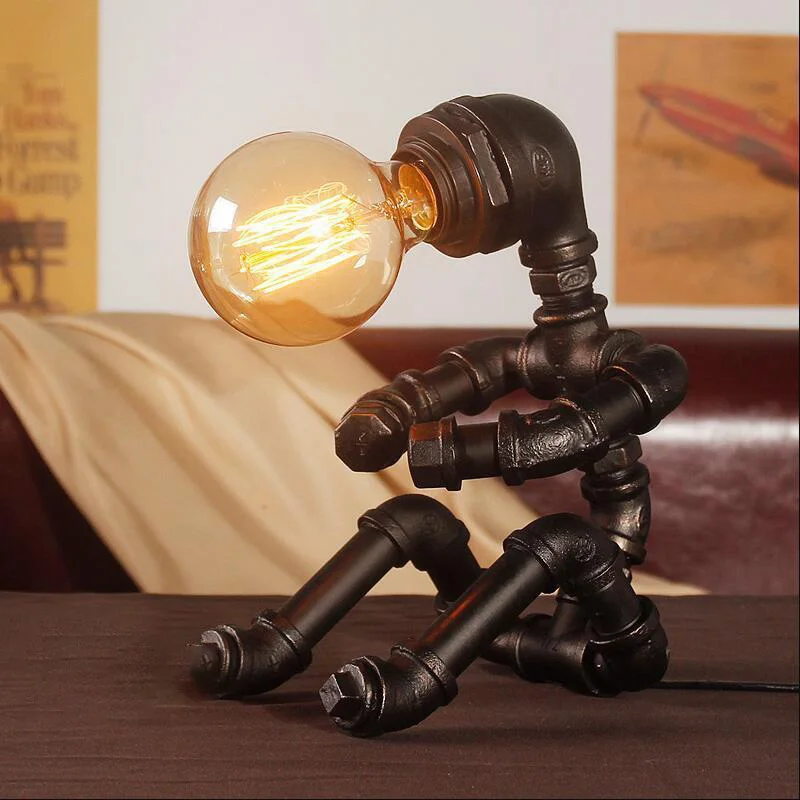

Vintage Table Lamps Retro Water Pipe Robot Desk Lamp Home Deco Industrial Lamp Beside Bedroom Lamp Study Decoration Led Beds