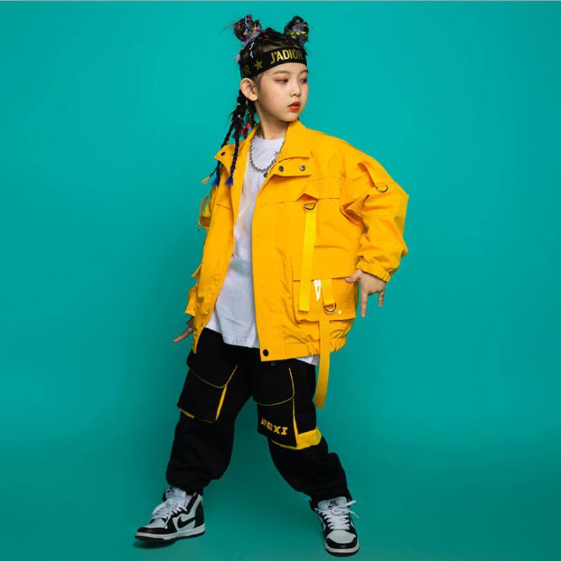 

Girls Boys Jazz Dance Costumes Street Wear Yellow Jacket Cargo Pants Ballroom Carnival Hip Hop Dancing Clothes Stage Wear Outfit