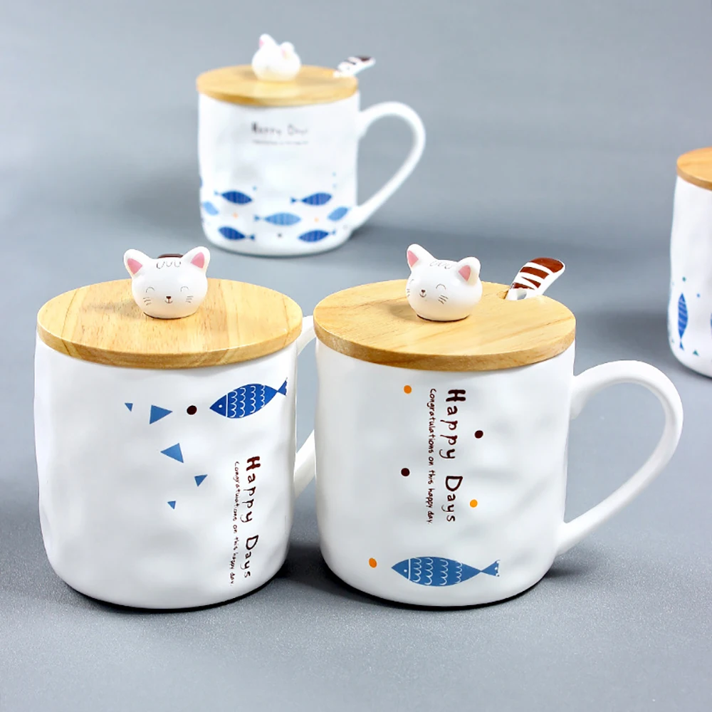 Japanese Style Coffee Mugs Creative Cartoon Cat and Fish Ceramic Cup With Spoon Lid Breakfast Water Milk Christmas Gift | Дом и сад