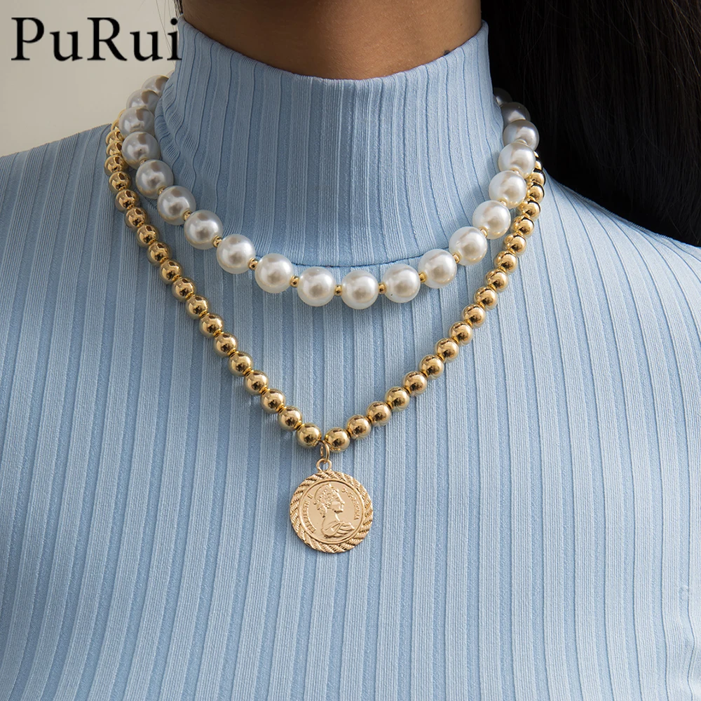 

PuRui Vintage Multi-layer Coin Pendant Necklace Fashion Pearl Round Ball Beads Chain Portrait Chunky Chain Necklaces Jewelry