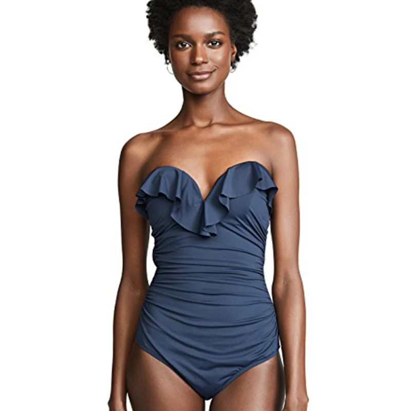 Купальник с баской и оборками женский слитный купальник открытыми плечами