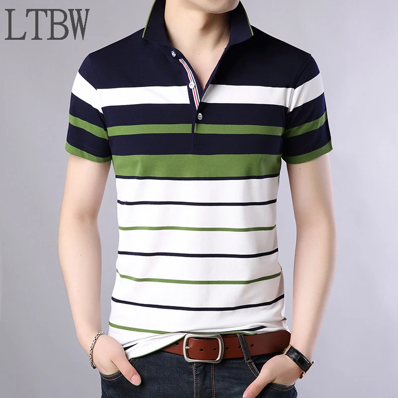 

LTBW New Men Lapel Short-sleeved POLO Multi-color Stripes Trendy All-match Casual Business Work Men Summer