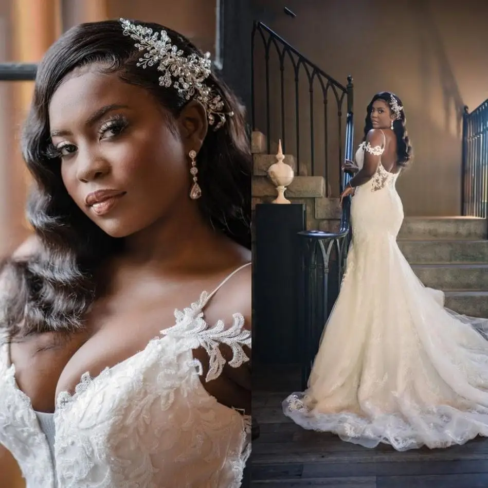 

African Mermaid Wedding Dresses 2021 Spaghetti Straps Applique Lace Sexy Backless Bride Gowns Long Sweep Vestidos