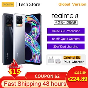 original realme 8 smartphone helio g95 6gb 128gb amoled display 64mp quad camera 5000mah 30w dartcharge nfc android phone free global shipping