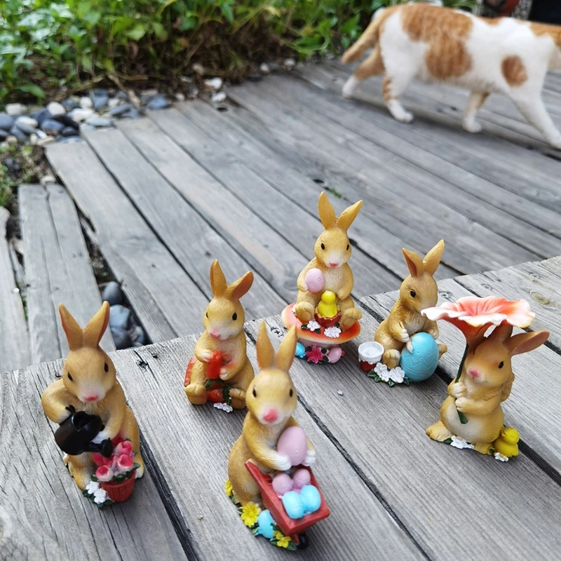 

6pcs Easter Rabbit Bunny Ornaments Cute Micro Landscape Figurine Resin Crafts