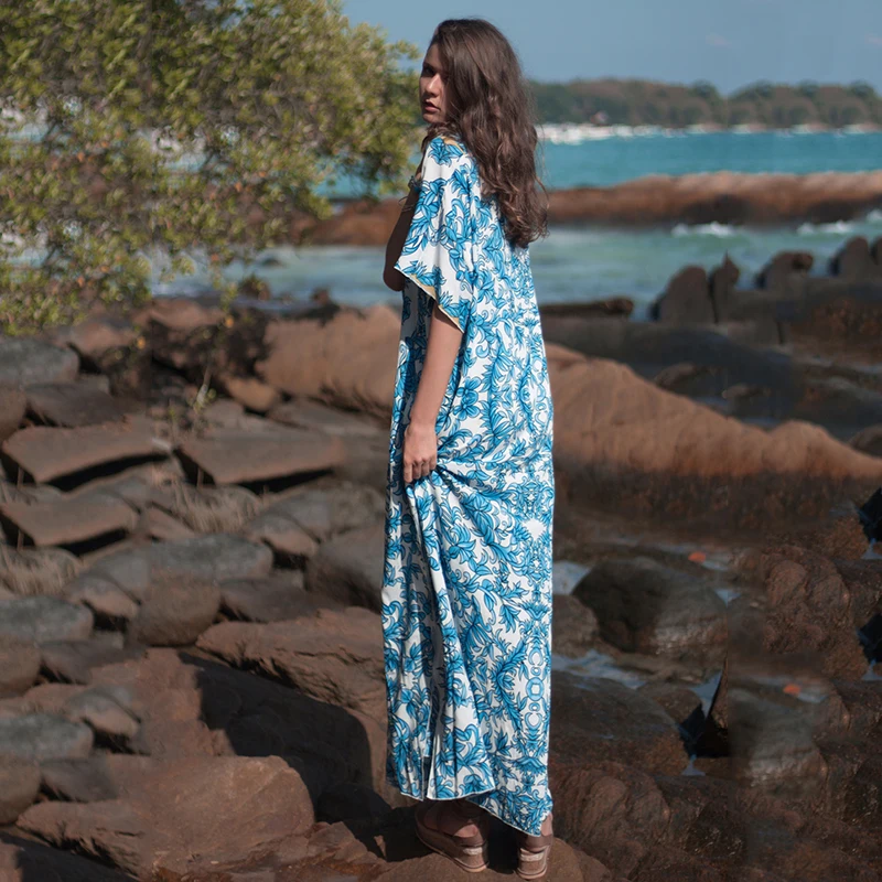 Женское пляжное платье из хлопка с коротким рукавом и принтом в богемном стиле