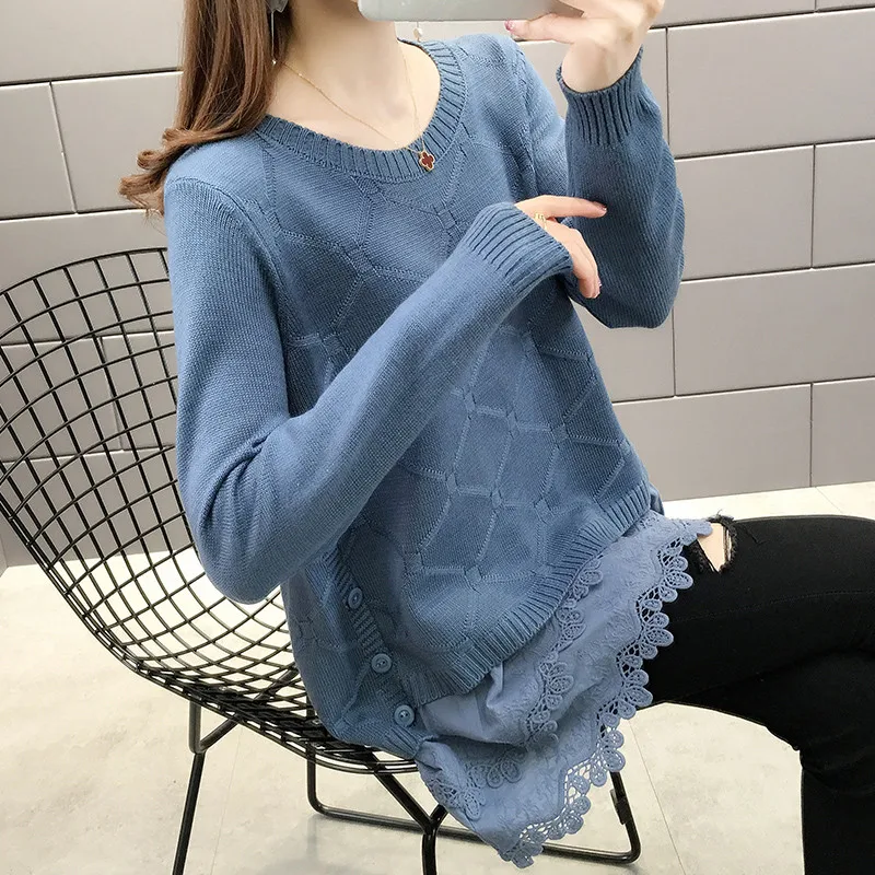 

Lace Stitching Knitted Sweater Women Single-Breasted Decorative Mid-Length Loose Bottoming Pullover Jumpers Female